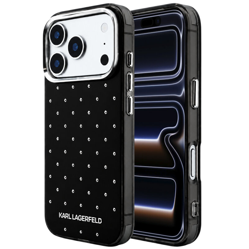 Husa iPhone 17 Pro Karl Lagerfeld IML Rhinestones and Electroplated Logo, negru