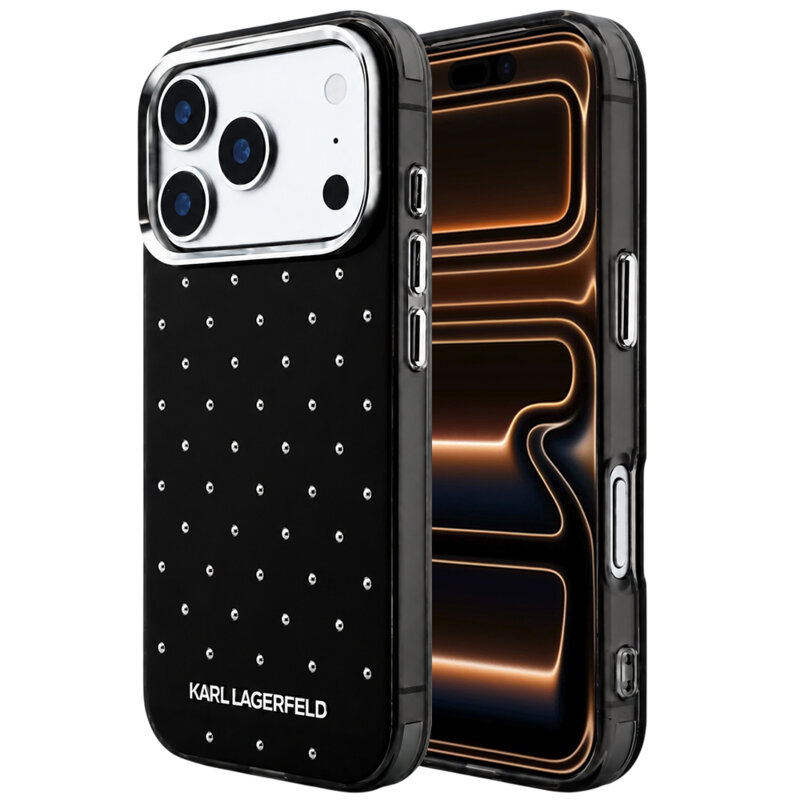 Husa iPhone 17 Pro Max Karl Lagerfeld IML Rhinestones and Electroplated Logo, negru