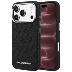Husa iPhone 18 Pro Max Karl Lagerfeld Grained Leather Metal Logo MagSafe, negru