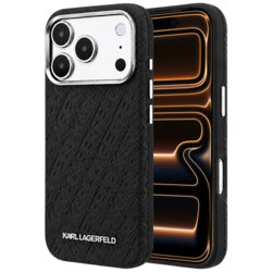 Husa iPhone 17 Pro Max Karl LagerfeldGrained Leather Metal Logo MagSafe, negru