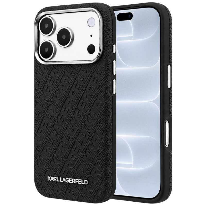 Husa iPhone 18 Pro Karl Lagerfeld Grained Leather Metal Logo MagSafe, negru