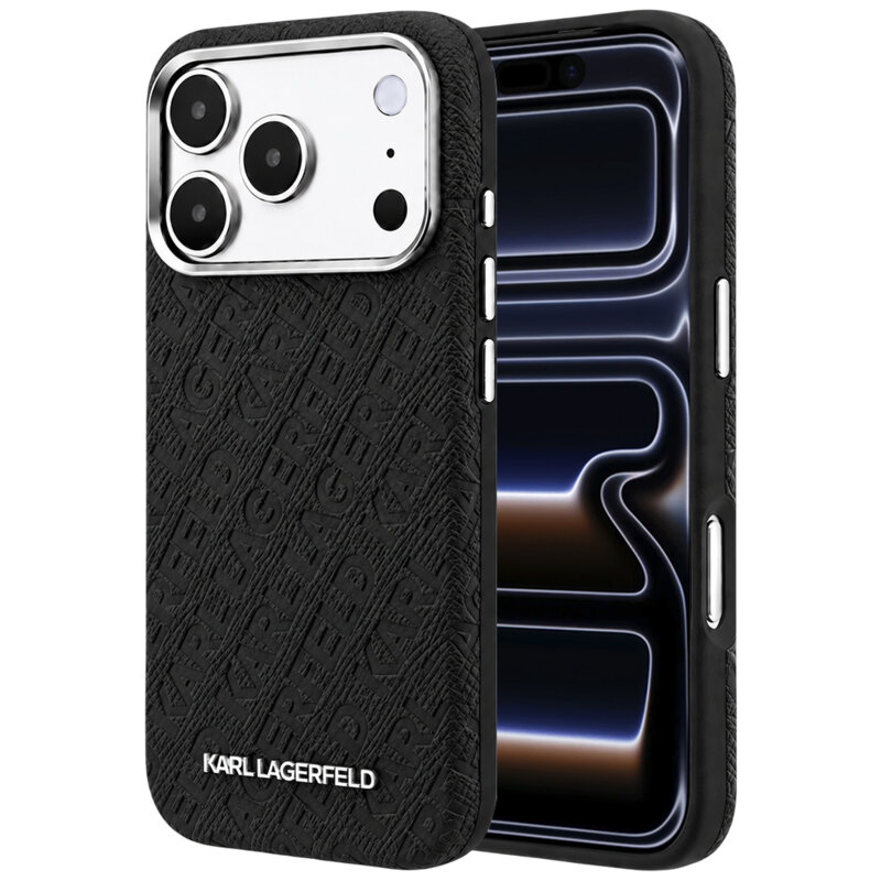 Husa iPhone 17 Pro Karl Lagerfeld Grained Leather Metal Logo MagSafe, negru