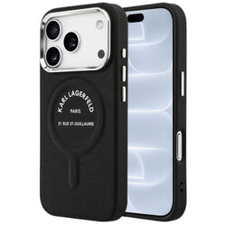Husa iPhone 18 Pro Karl Lagerfeld Leather Ring Karl RSG Logo MagSafeo, negru