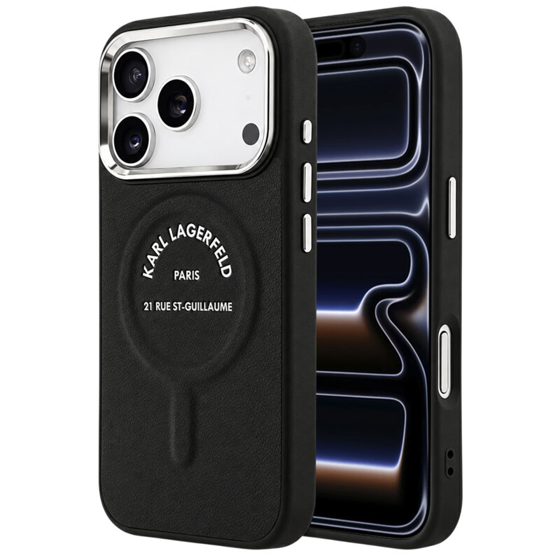 Husa iPhone 17 Pro Karl Lagerfeld HC Leather Ring Karl RSG Logo MagSafe, negru