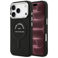 Husa iPhone 18 Pro Max Karl Lagerfeld Leather Ring Karl RSG Logo MagSafe, negru