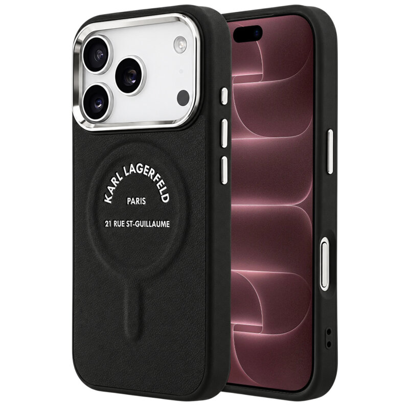 Husa iPhone 18 Pro Max Karl Lagerfeld Leather Ring Karl RSG Logo MagSafe, negru