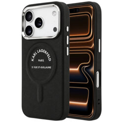Husa iPhone 17 Pro Max Karl Lagerfeld Leather Ring Karl RSG Logo MagSafe, negru