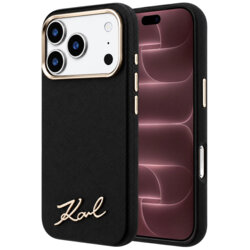 Husa originala iPhone 18 Pro Max Karl Lagerfeld Saffiano Small Script Metal Logo MagSafe, negru, KLHMP18X6PWSKSK