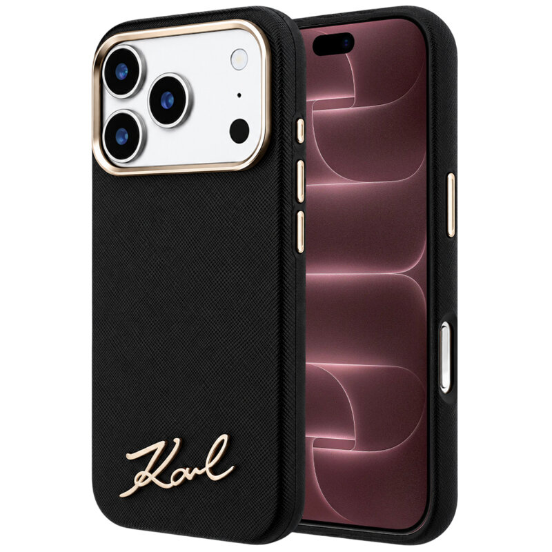 Husa originala iPhone 18 Pro Max Karl Lagerfeld Saffiano Small Script Metal Logo MagSafe, negru, KLHMP18X6PWSKSK