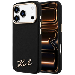 Husa originala iPhone 17 Pro Max Karl Lagerfeld Saffiano Small Script Metal Logo MagSafe, negru, KLHMP18X6PWSKSK