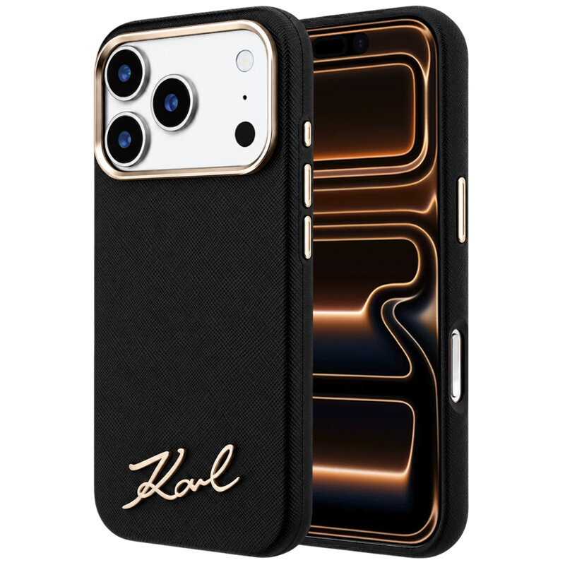 Husa originala iPhone 17 Pro Max Karl Lagerfeld Saffiano Small Script Metal Logo MagSafe, negru, KLHMP18X6PWSKSK