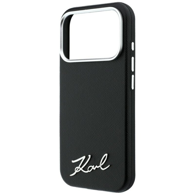 Husa originala iPhone 17 Pro Max Karl Lagerfeld Saffiano Small Script Metal Logo MagSafe, negru, KLHMP18X6PWSKSK