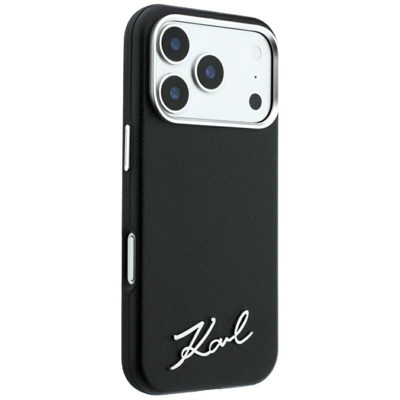 Husa originala iPhone 17 Pro Max Karl Lagerfeld Saffiano Small Script Metal Logo MagSafe, negru, KLHMP18X6PWSKSK
