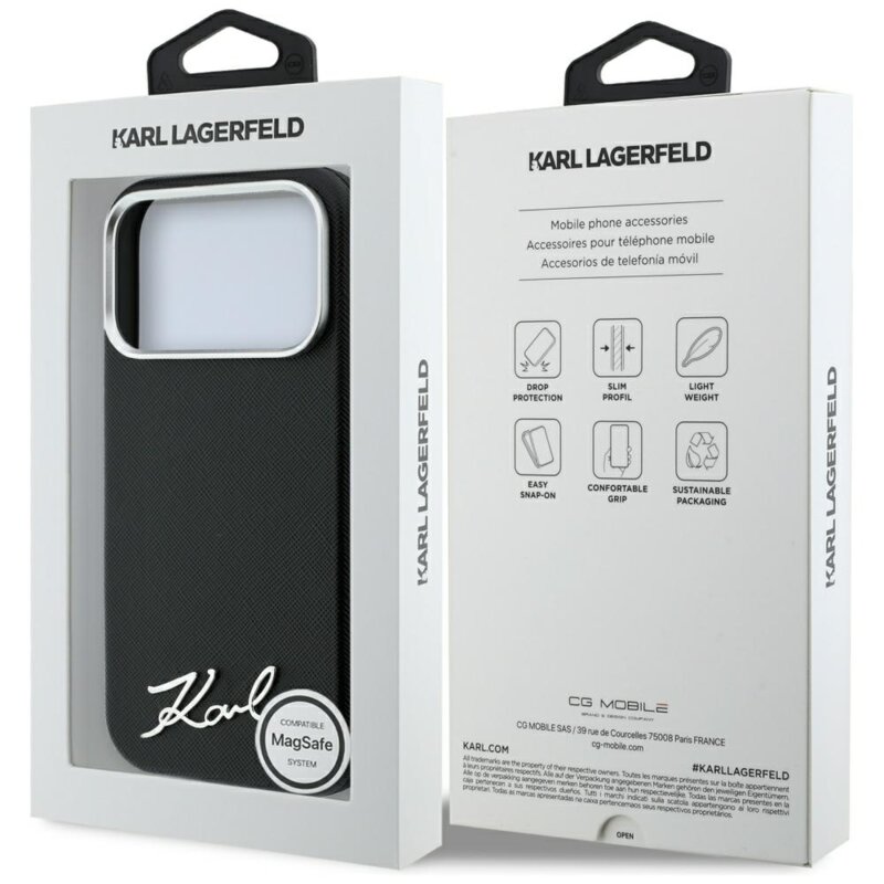 Husa originala iPhone 17 Pro Max Karl Lagerfeld Saffiano Small Script Metal Logo MagSafe, negru, KLHMP18X6PWSKSK