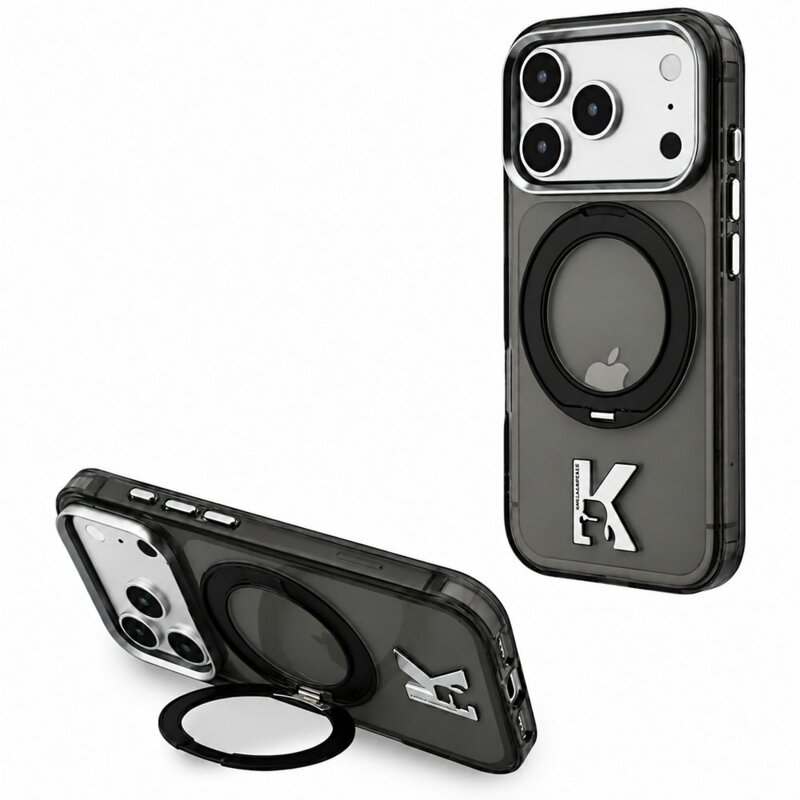 Husa iPhone 18 Pro Max Karl Lagerfeld IML Ring Stand Kameo Metal MagSafe, negru