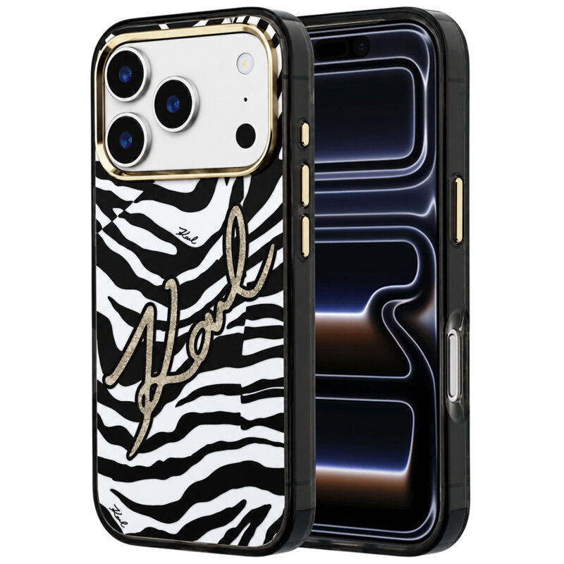 Husa iPhone 17 Pro Karl Lagerfeld HC MagSafe IML Signature Zebra Glitter Gold, negru