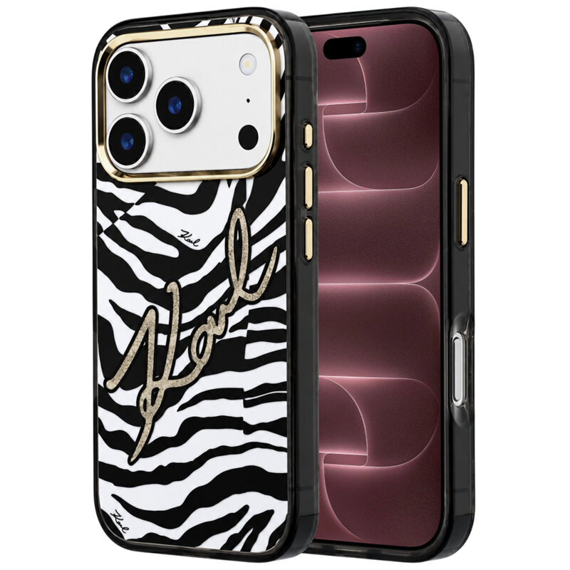 Husa iPhone 18 Pro Max Karl Lagerfeld HC MagSafe IML Signature Zebra Glitter Gold, negru