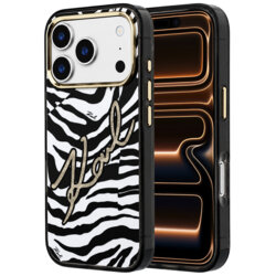 Husa iPhone 17 Pro Max Karl Lagerfeld KC MagSafe IML Signature Zebra Glitter Gold, negru