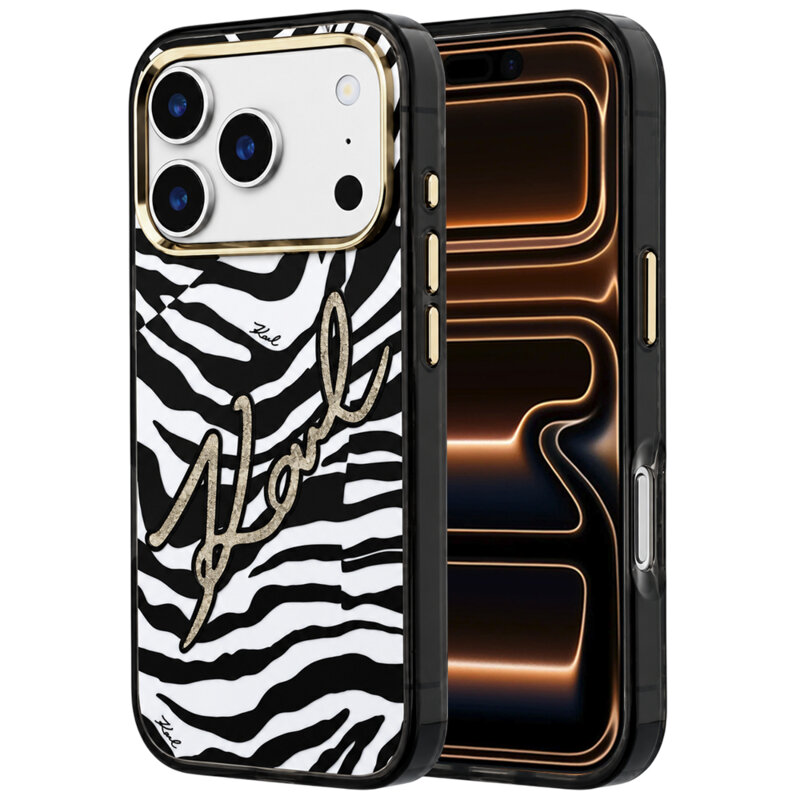Husa iPhone 17 Pro Max Karl Lagerfeld KC MagSafe IML Signature Zebra Glitter Gold, negru