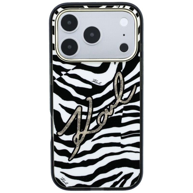 Husa iPhone 17 Pro Max Karl Lagerfeld KC MagSafe IML Signature Zebra Glitter Gold, negru