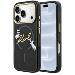 Husa iPhone 18 Pro Karl Lagerfeld IML Choupette and Karl Script Logo MagSafe, negru