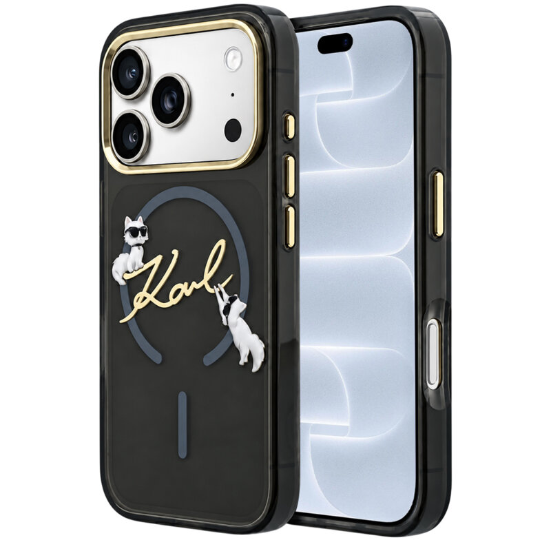 Husa iPhone 18 Pro Karl Lagerfeld IML Choupette and Karl Script Logo MagSafe, negru