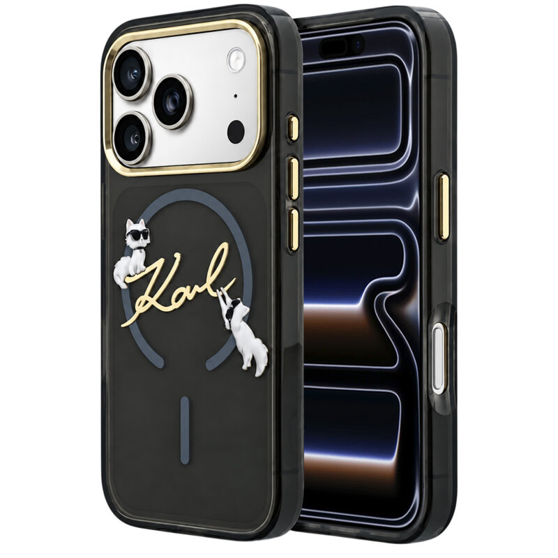 Husa iPhone 17 Pro Karl Lagerfeld IML Choupette and Karl Script Logo MagSafe, negru