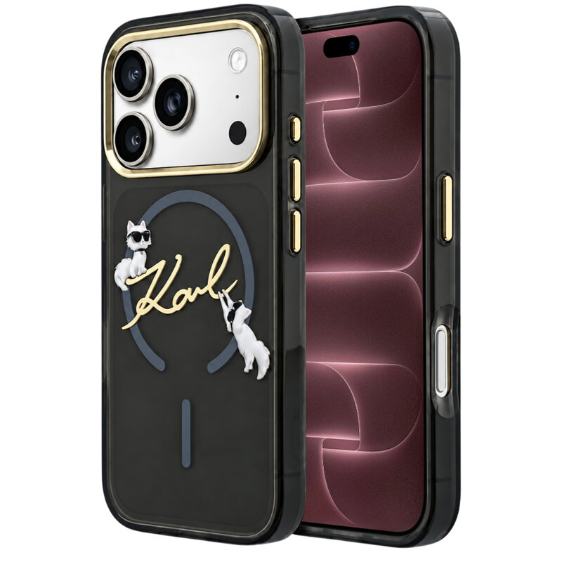 Husa iPhone 18 Pro Max Karl Lagerfeld IML Choupette and Karl Script Logo MagSafe, negru, KLHMP18X5HKSCAK