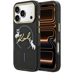 Husa iPhone 17 Pro Max Karl Lagerfeld IML Choupette and Karl Script Logo MagSafe, negru, KLHMP18X5HKSCAK