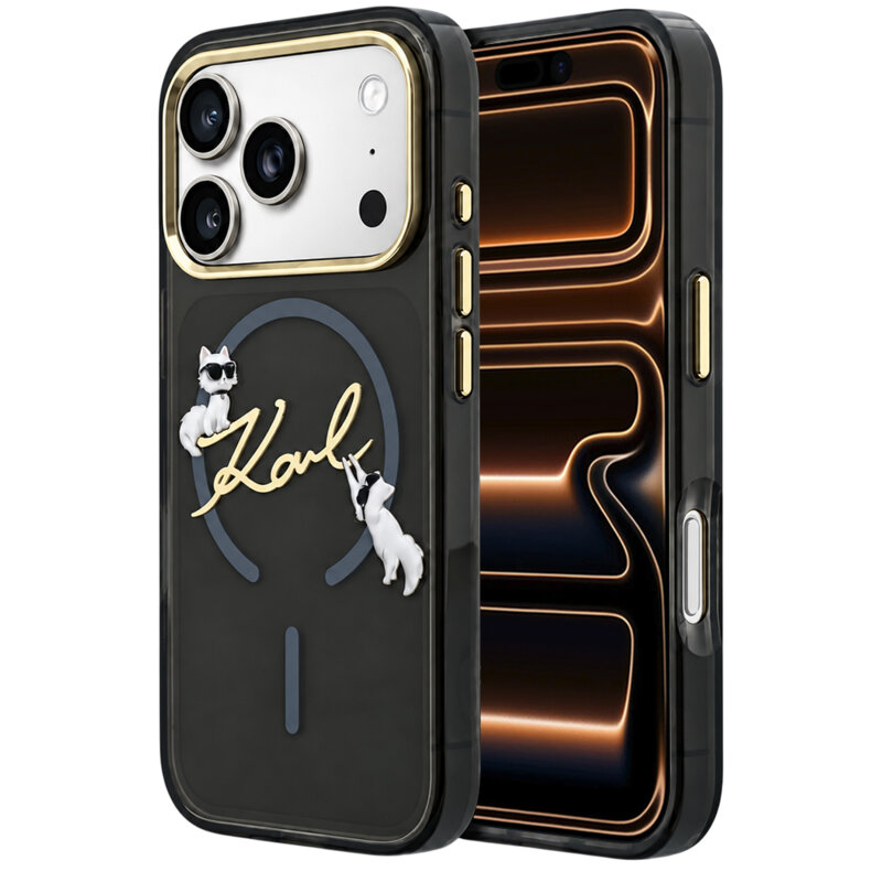 Husa iPhone 17 Pro Max Karl Lagerfeld IML Choupette and Karl Script Logo MagSafe, negru, KLHMP18X5HKSCAK