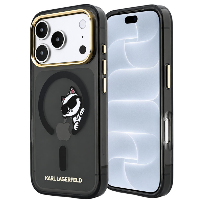 Husa iPhone 18 Pro Karl Lagerfeld IML Peekaboo Print and Metal Frame MagSafe, negru