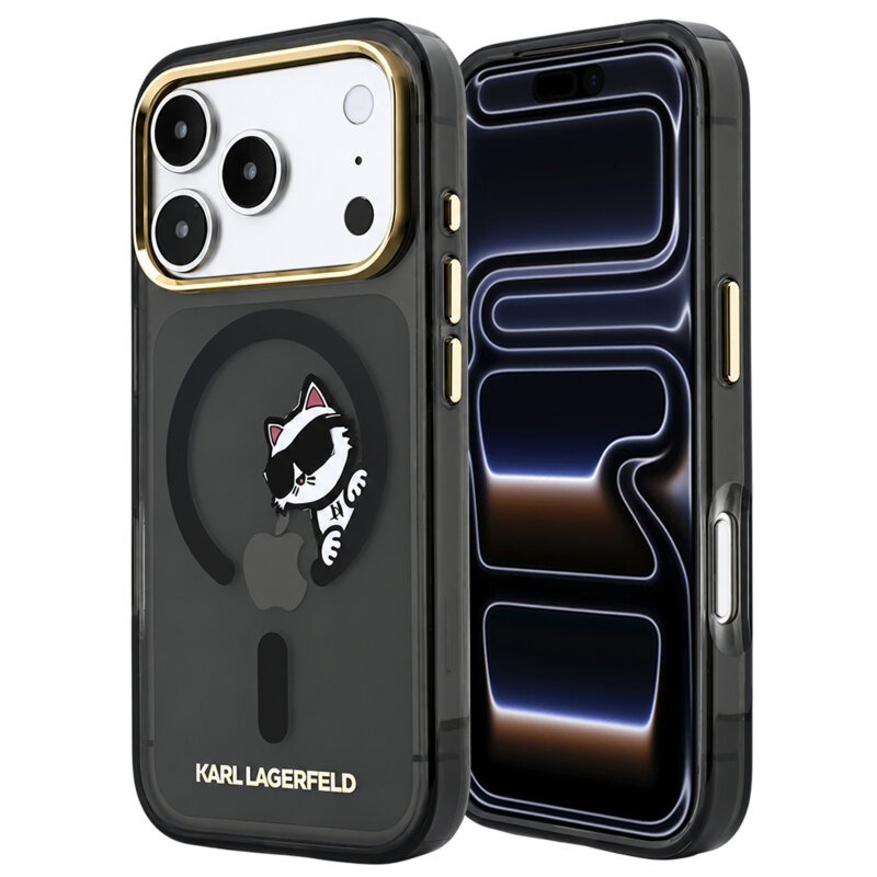 Husa iPhone 17 Pro Karl Lagerfeld IML Peekaboo Print and Metal Frame MagSafe, negru