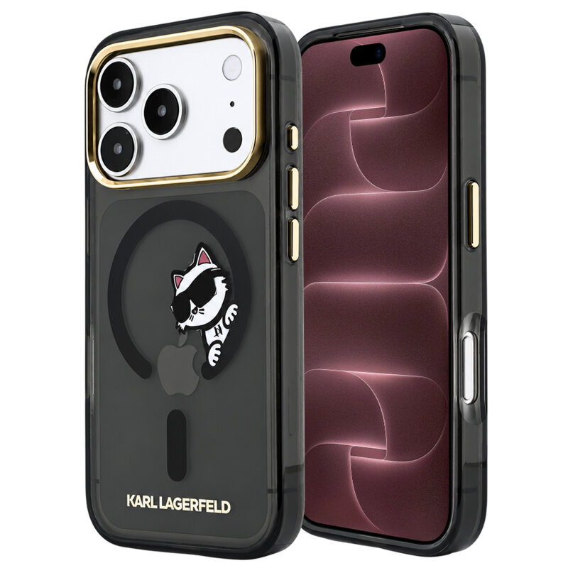 Husa iPhone 18 Pro Max Karl Lagerfeld IML Peekaboo Print and Metal Frame MagSafe, negru
