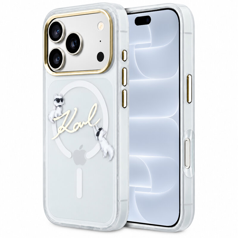 Husa iPhone 18 Pro Karl Lagerfeld IML Choupette and Karl Script Logo MagSafe, transparenta