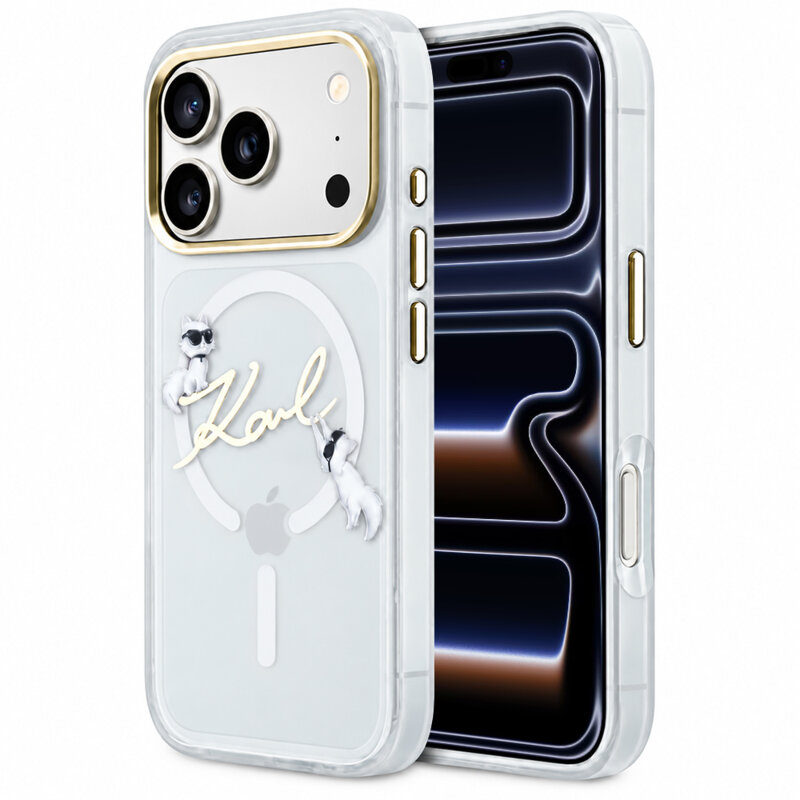 Husa iPhone 17 Pro Karl Lagerfeld IML Choupette and Karl Script Logo MagSafe, transparenta