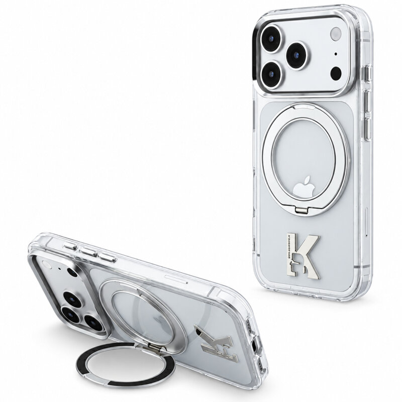 Husa iPhone 17 Pro Max Karl Lagerfeld IML Ring Stand Kameo Metal MagSafe, clear