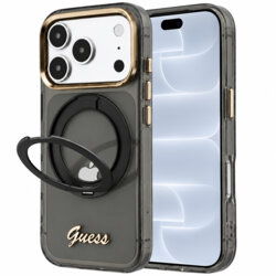 Husa Guess iPhone 18 Pro Ring Stand Script Metal Logo MagSafe, negru, GUHMP18L6HCCMSK