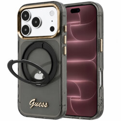 Husa Guess iPhone 18 Pro Max Ring Stand Script Metal Logo MagSafe, negru, GUHMP18X6HCCMSK