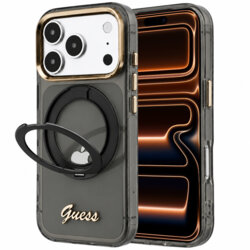 Husa Guess iPhone 17 Pro Max Ring Stand Script Metal Logo MagSafe, negru, GUHMP18X6HCCMSK