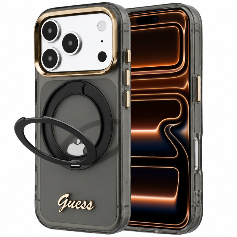 Husa Guess iPhone 17 Pro Max Ring Stand Script Metal Logo MagSafe, negru, GUHMP18X6HCCMSK