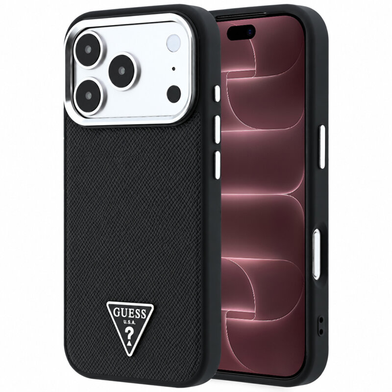 Husa originala Guess iPhone 18 Pro Max Grained Triangle Logo MagSafe, negru, GUHMP18XPGSMTLSK