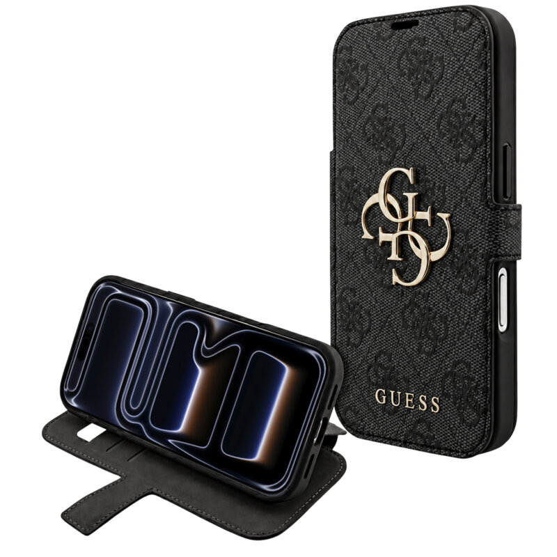 Husa tip carte iPhone 17 Pro Guess Book 4G Metal Logo, negru, GUBKP18L4GMGGR