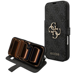 Husa tip carte iPhone 17 Pro Max Guess Book 4G Metal Logo, negru, GUBKP18X4GMGGR