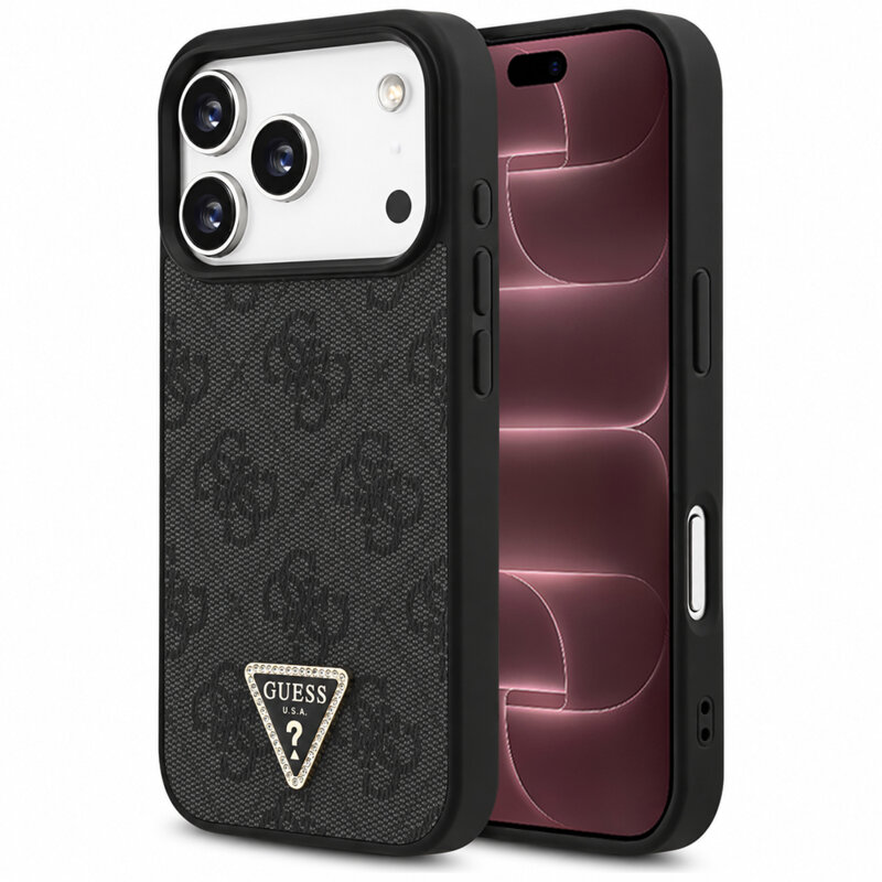 Husa iPhone 18 Pro Max Guess Leather 4G Triangle Strass MagSafe, negru, GUHMP18XP4TDPLK