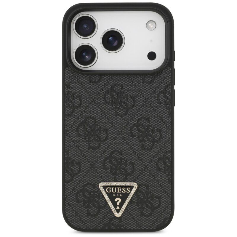 Husa iPhone 18 Pro Max Guess Leather 4G Triangle Strass MagSafe, negru, GUHMP18XP4TDPLK