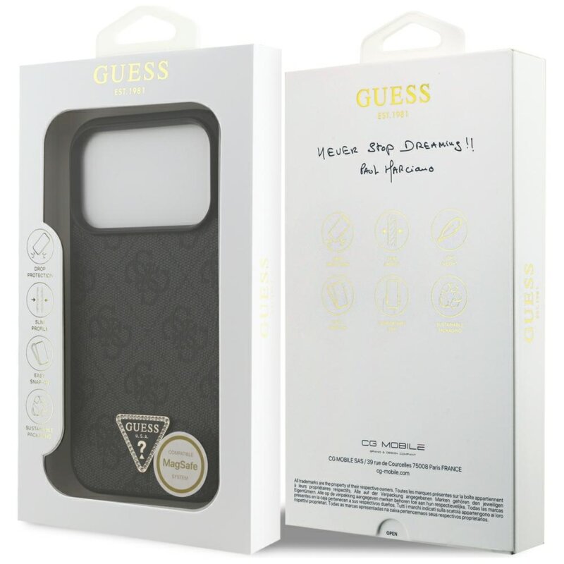 Husa iPhone 17 Pro Max Guess Leather 4G Triangle Strass MagSafe, negru, GUHMP18XP4TDPLK