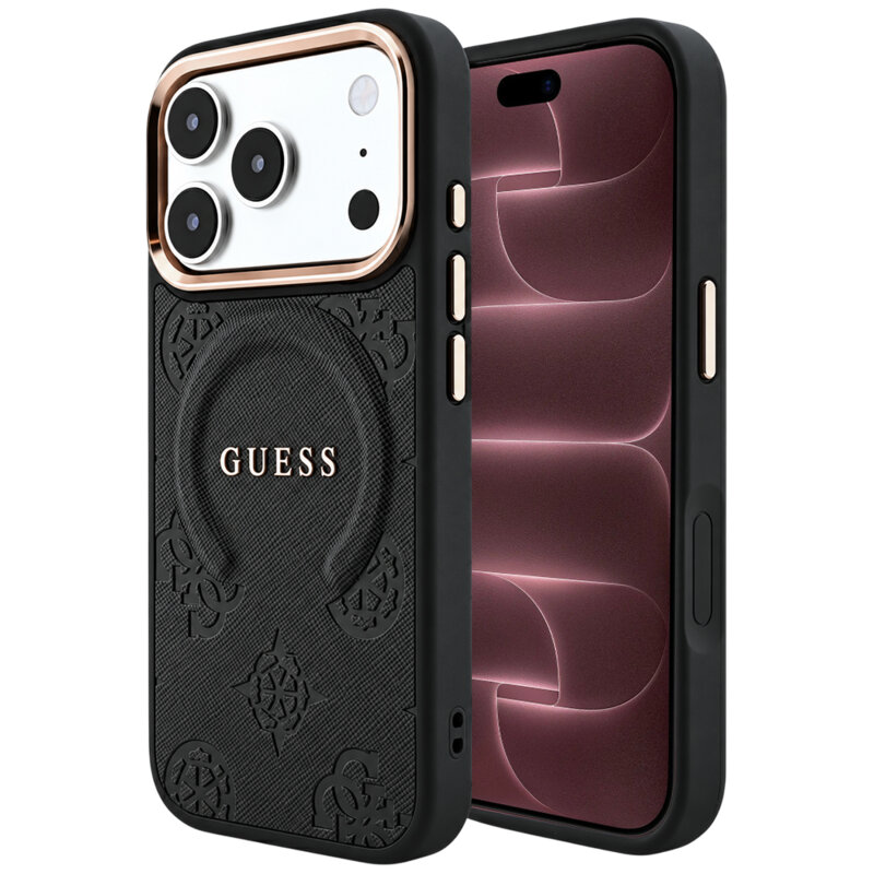 Husa Guess Saffiano Peony & Ring MagSafe iPhone 18 Pro Max, negru, GUHMP18XPSAMSECK