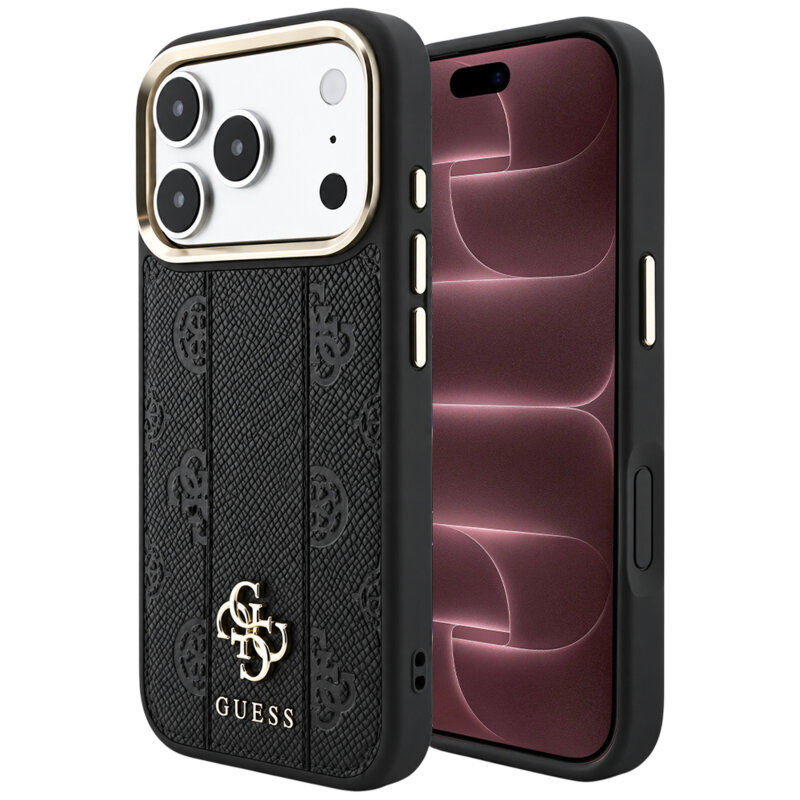 Husa Guess iPhone 18 Pro Max Leather Stripe Peony 4G MagSafe, negru, GUHMP18X6PGSU4EK