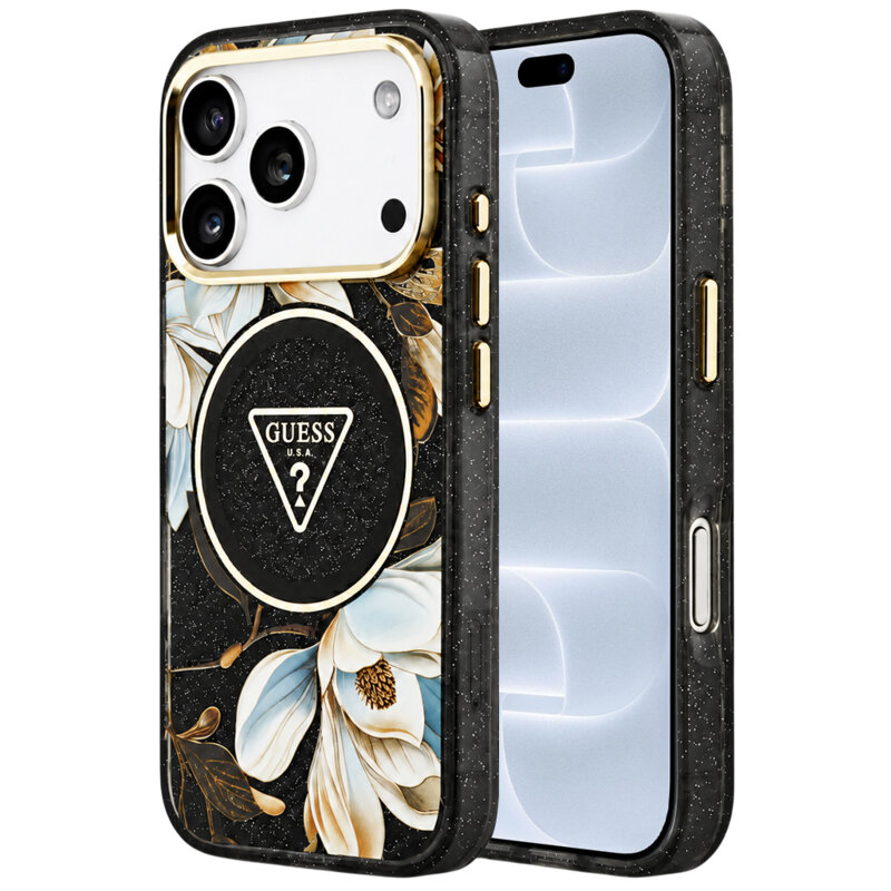 Husa iPhone 18 Pro originala Guess IML Metal Glitter Flowers Triangle MagSafe, negru, GUHMP18LHFLPEDK
