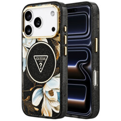 Husa iPhone 17 Pro originala Guess IML Metal Glitter Flowers Triangle MagSafe, negru, GUHMP18LHFLPEDK
